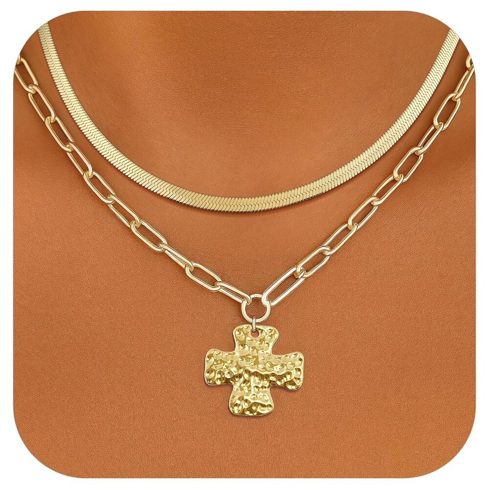 Elegant Gold Cross Pendant & Herringbone Necklace - Faith-Inspired Jewelry Set